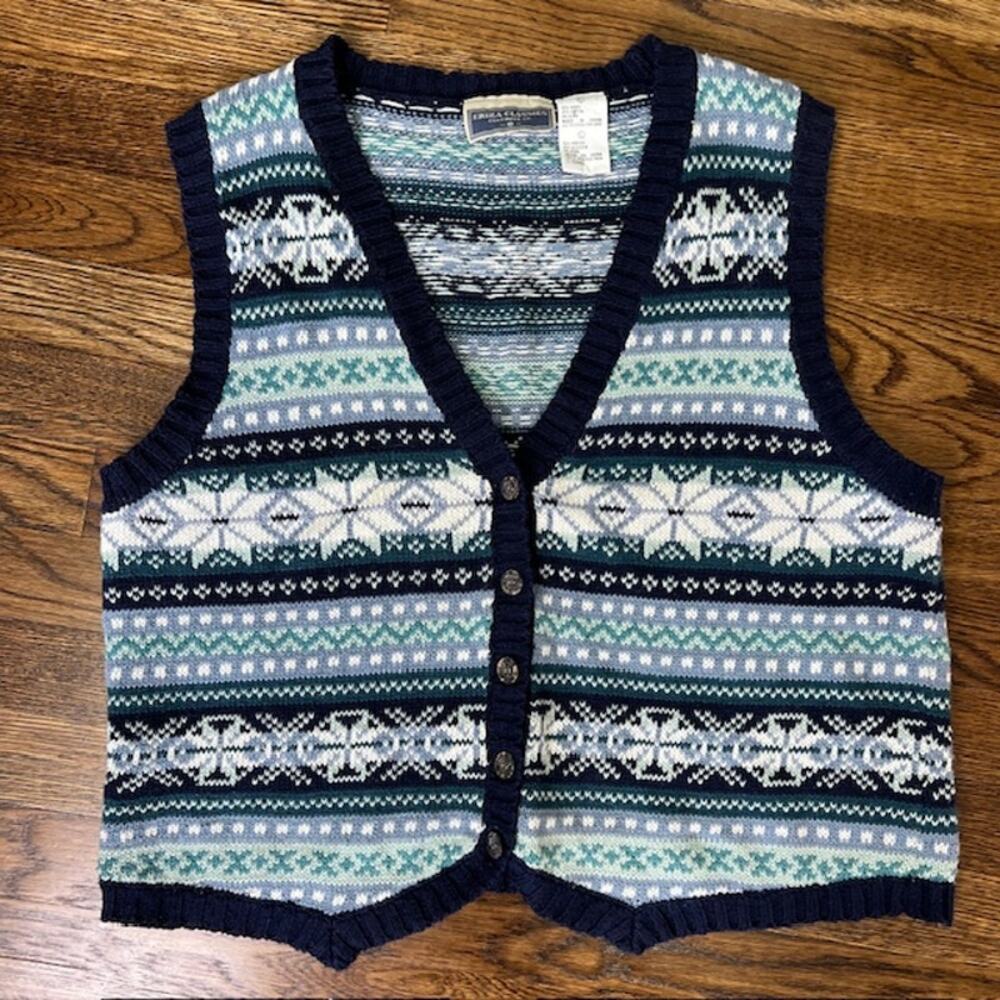 VTG Erika Classics Sweater Vest Womens L Fair Isle Navy Blue Snowflake Cottage